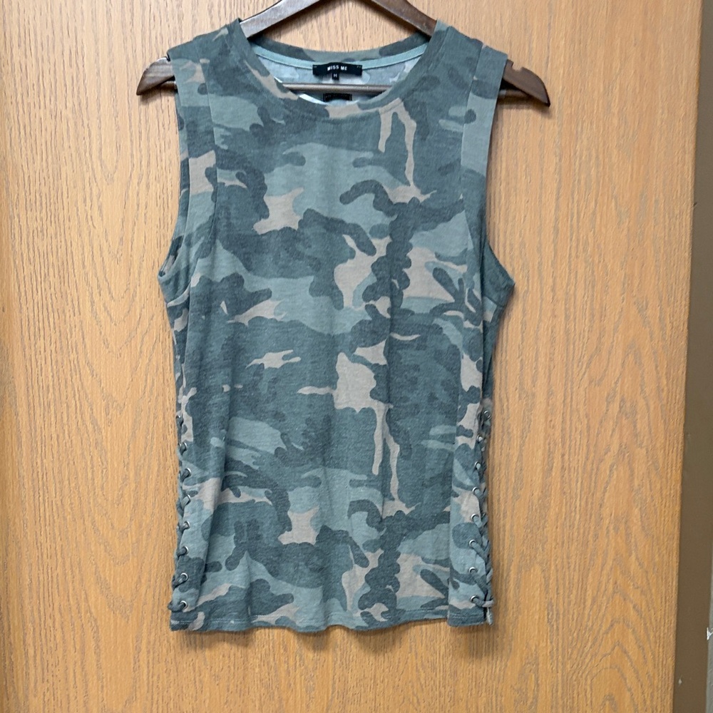 Miss Me Green and Tan Camo Lace-Up Tank